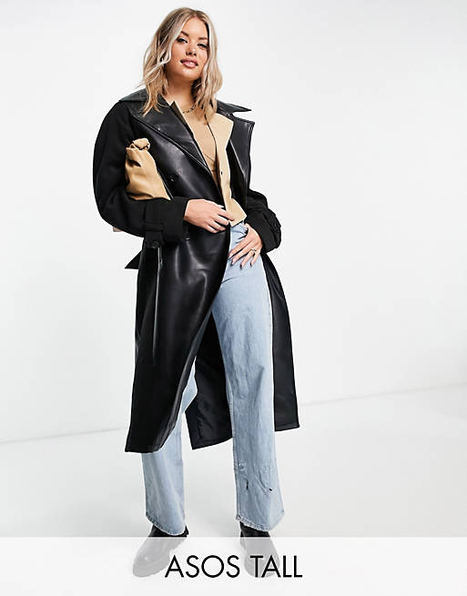 Women Tall faux leather spliced coat in black 