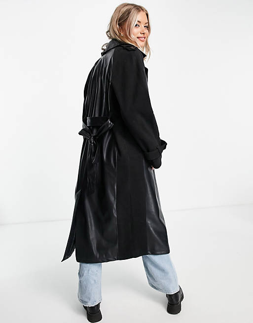 Women Tall faux leather spliced coat in black 