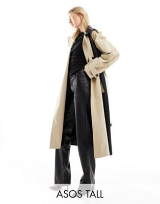 ASOS DESIGN Tall faux leather spliced trench coat in stone and black
