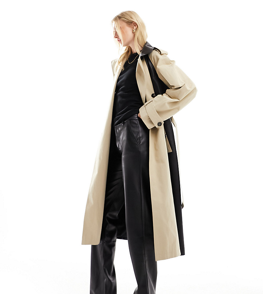Asos Tall Asos Design Tall Faux Leather Spliced Trench Coat In Stone And Black-neutral