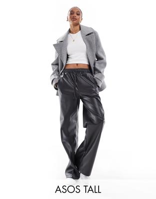 Asos Tall Asos Design Tall Faux Leather Wide Leg Pull-on Pants In Charcoal-gray