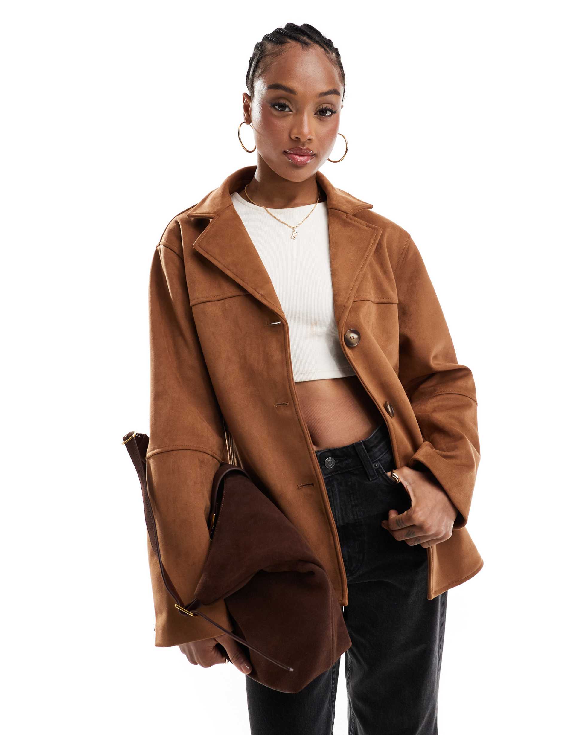 asos design tall faux suede button front jacket in tan