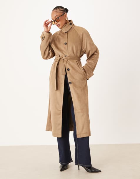 ASOS DESIGN Tall faux suede funnel neck trench coat in stone - view 1