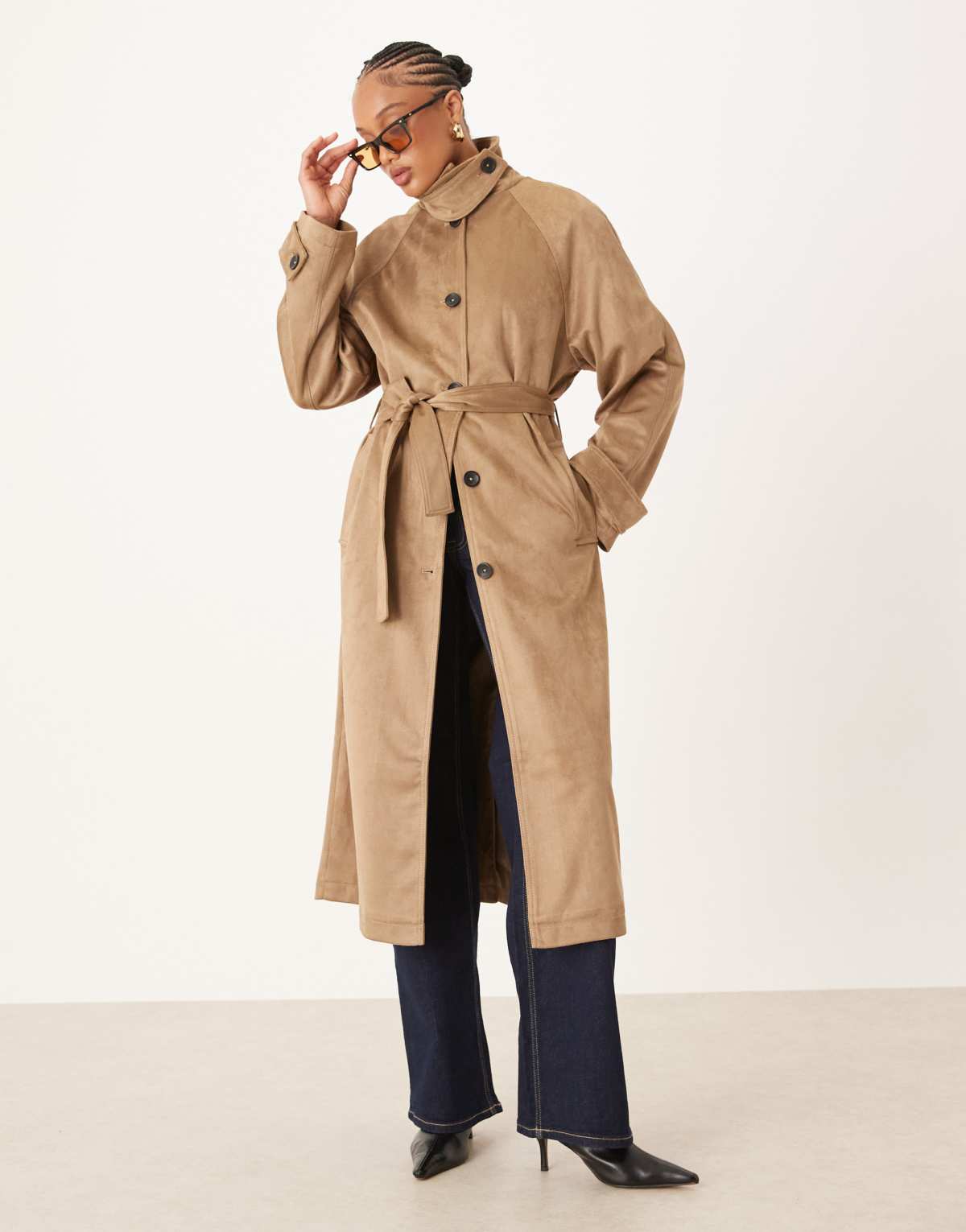 ASOS DESIGN Tall faux suede funnel neck trench coat in stone