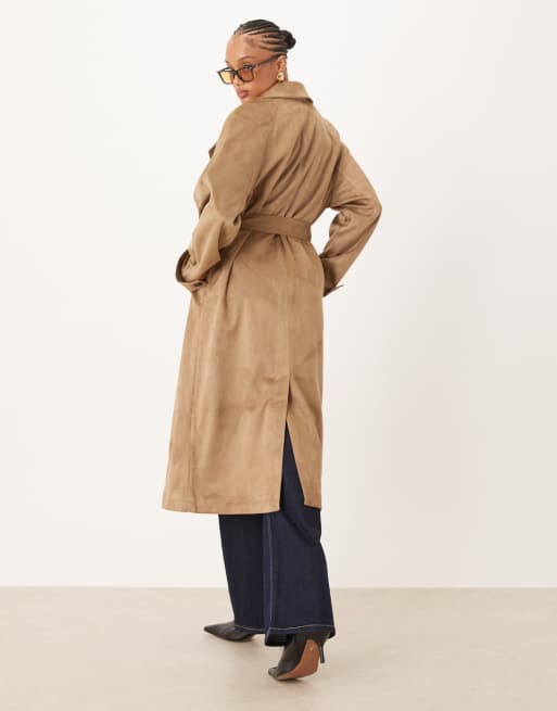 ASOS DESIGN Tall faux suede funnel neck trench coat in stone