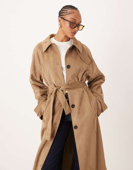 ASOS DESIGN Tall faux suede funnel neck trench coat in stone