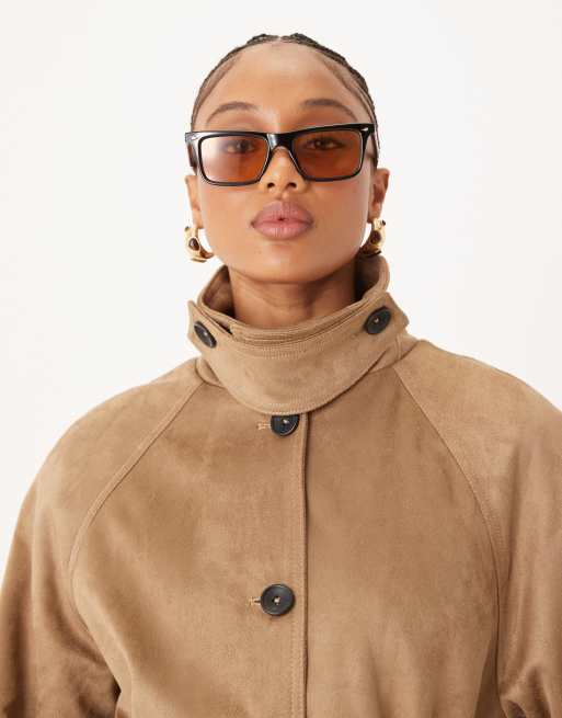 ASOS DESIGN Tall faux suede funnel neck trench coat in stone