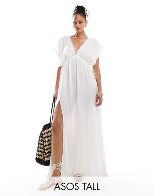 ASOS DESIGN Tall Faye flutter sleeve maxi beach dress with channeled tie waist in white