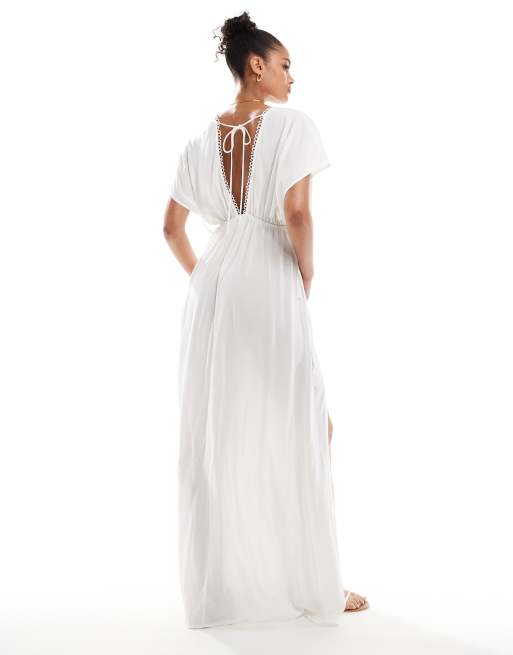 ASOS DESIGN Tall Faye flutter sleeve maxi beach dress with channeled tie waist in white