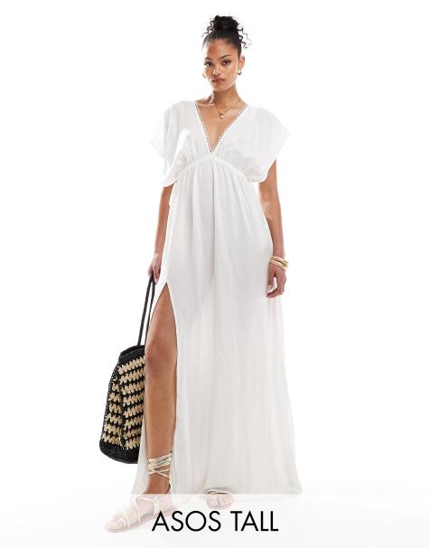 ASOS DESIGN Tall Faye flutter sleeve maxi beach dress with channelled tie waist in white - view 1