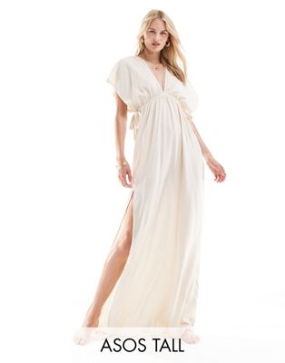 ASOS DESIGN Tall Faye flutter sleeve maxi beach dress with tie detail in ecru-White