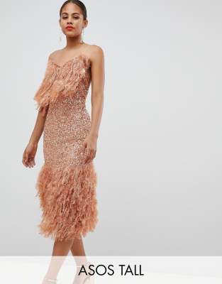 embellished sequin maxi dress with faux feather trim