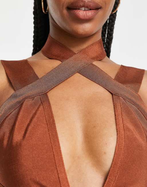 ASOS DESIGN Tall – Figurbetontes Midi-Bandagenkleid in Rostrot mit Zierausschnitt, 3 von 4