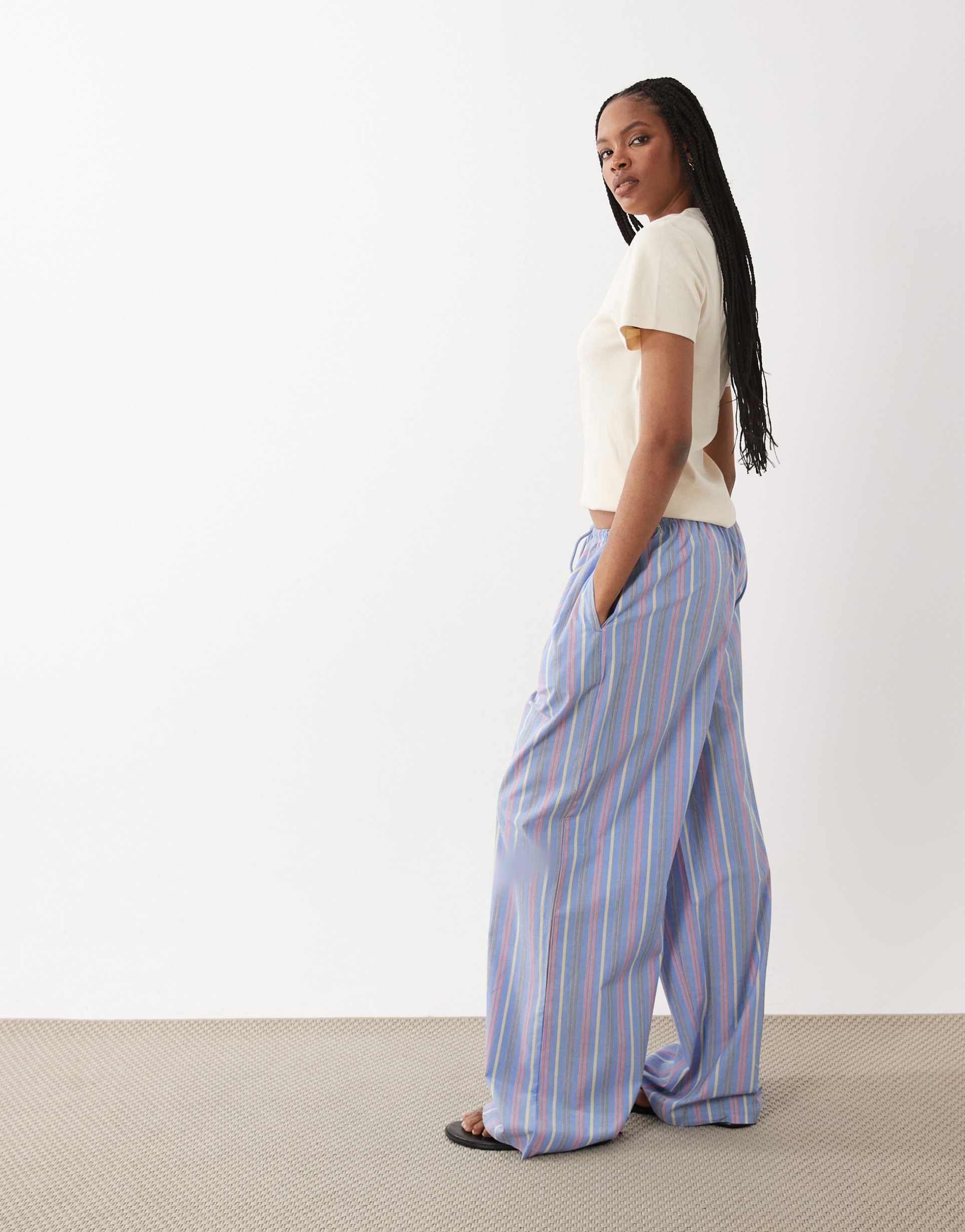 asos design tall fine striped woven pajama pants in blue multi