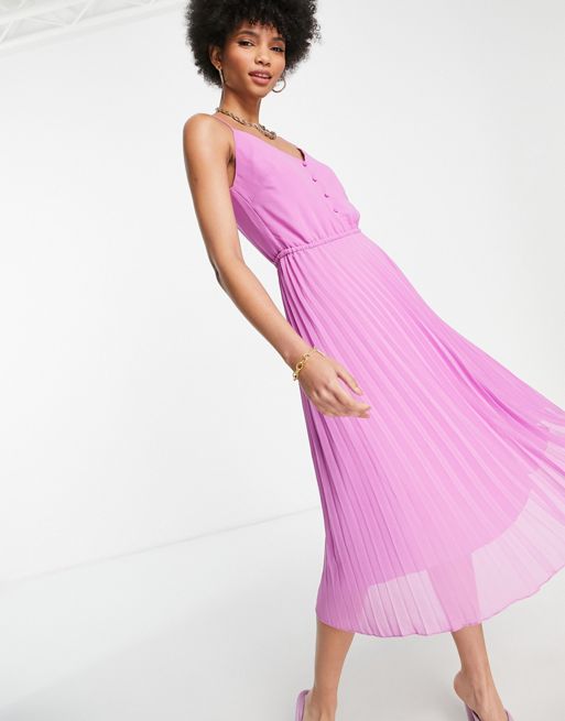 ASOS DESIGN Tall – Fioletowa sukienka midi na ramiączkach z guzikami,  wiązaniem w talii i plisowanym dołem | ASOS