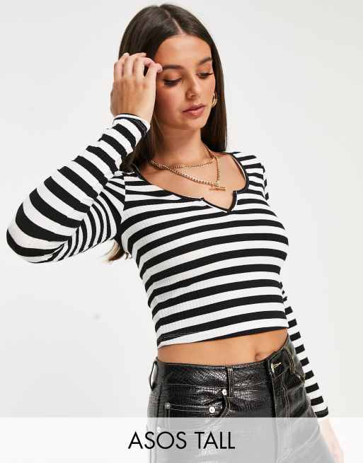 ASOS DESIGN Tall fitted crop top with notch neck and long sleeve in black and white stripe