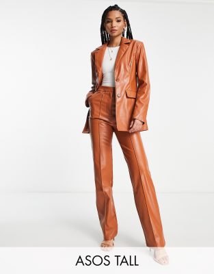 ASOS DESIGN Tall fitted leather look blazer in rust brown