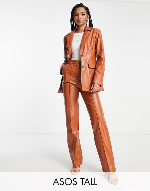 ASOS DESIGN croc leather look suit slim pants in brown