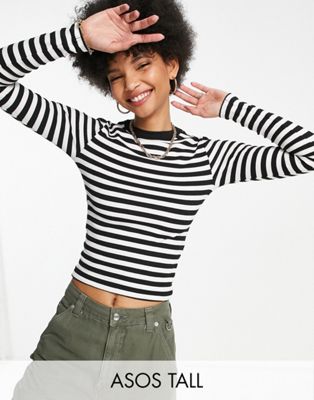 ASOS DESIGN Tall fitted top with long sleeve in monochrome stripe