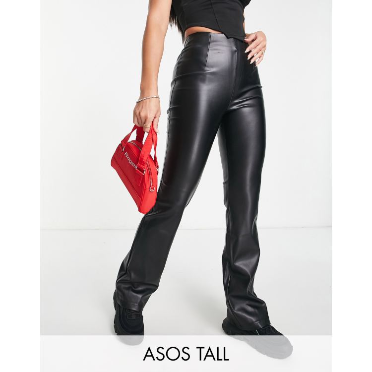 ASOS DESIGN Tall stretch faux leather flare pants in black