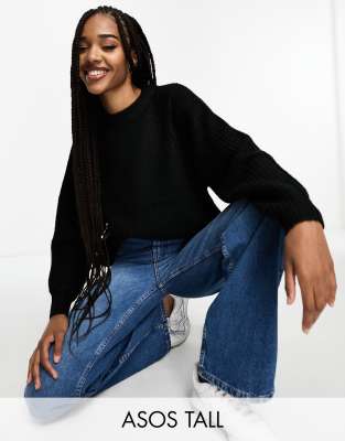 Thumbnail - ASOS DESIGN Tall - Flauschiger, gerippter Pullover in Schwarz mit Rundhalsausschnitt