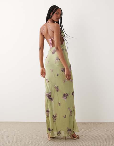 ASOS DESIGN Tall – Flerfärgad, småblommig, diagonalskuren maxiklänning i halvskir chiffong med öppen rygg - view 1