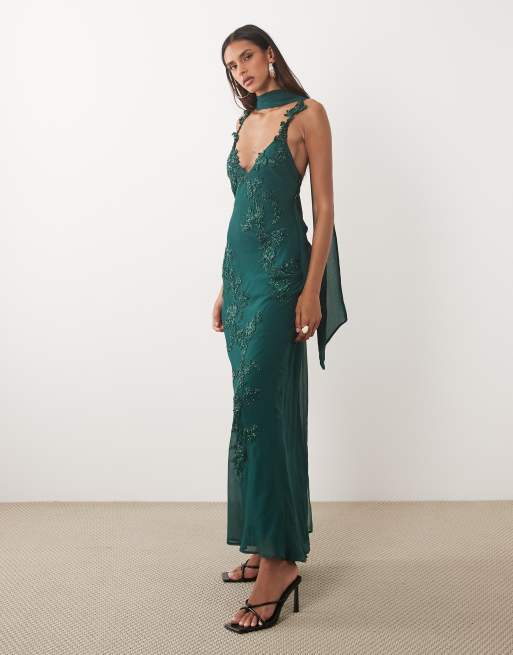green dress with scarf ZENDEYA Satin Draped Corset Midi Neck in Emerald Gree Centre back invisible zipper Sage Green Silk Organza Maxi