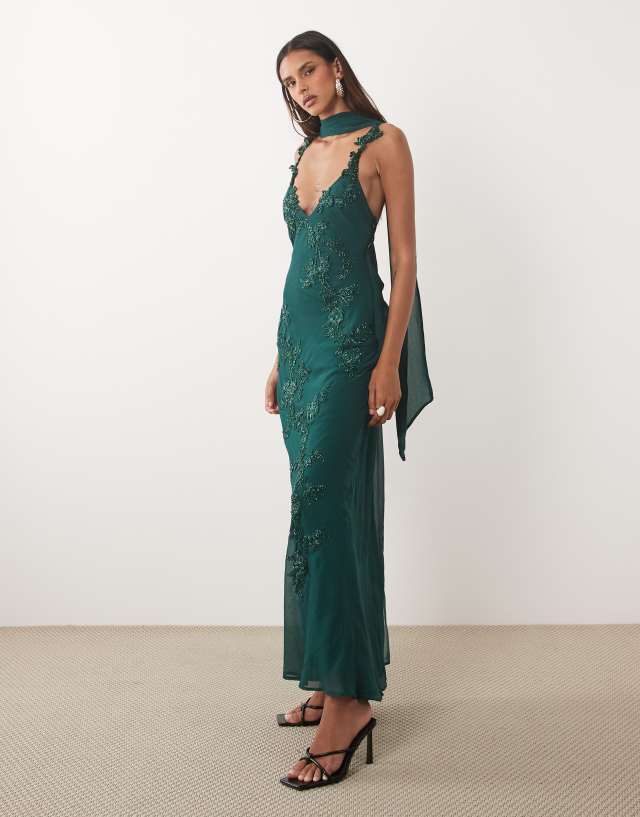 ASOS DESIGN Tall floral embellished cami maxi dress with scarf in dark green