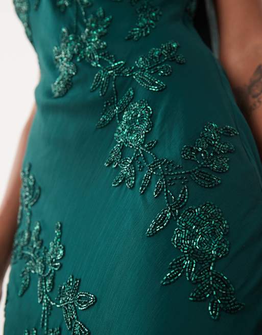ASOS DESIGN Tall floral embellished cami maxi dress with scarf in dark green, 3 of 4