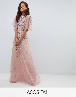 asos design floral embroidered dobby mesh flutter sleeve maxi dress