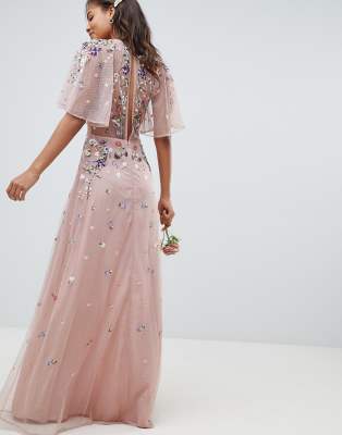 asos design floral embroidered dobby mesh flutter sleeve maxi dress