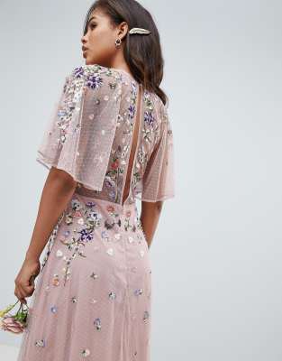 asos design tall floral embroidered dobby mesh flutter sleeve maxi dress