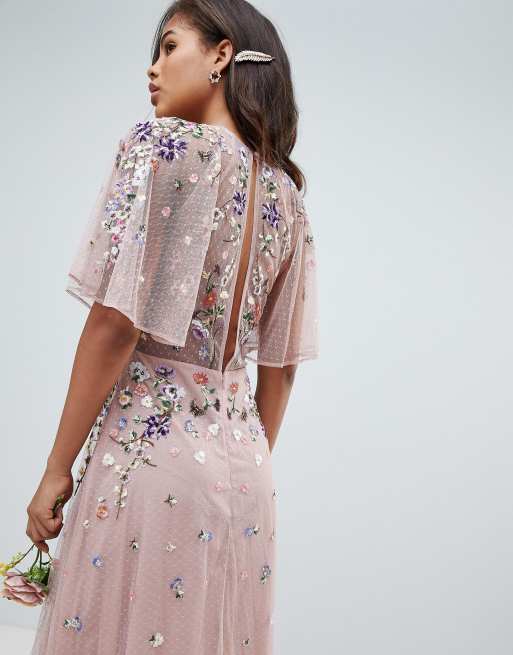 Asos design tall floral embroidered sale dobby mesh flutter sleeve maxi dress