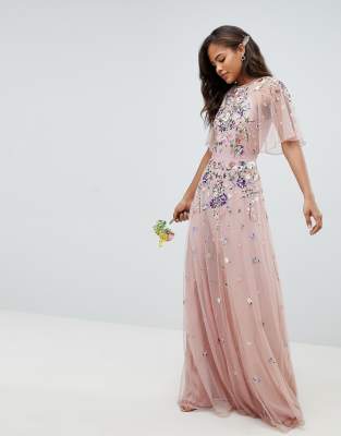 asos design floral embroidered dobby mesh flutter sleeve maxi dress