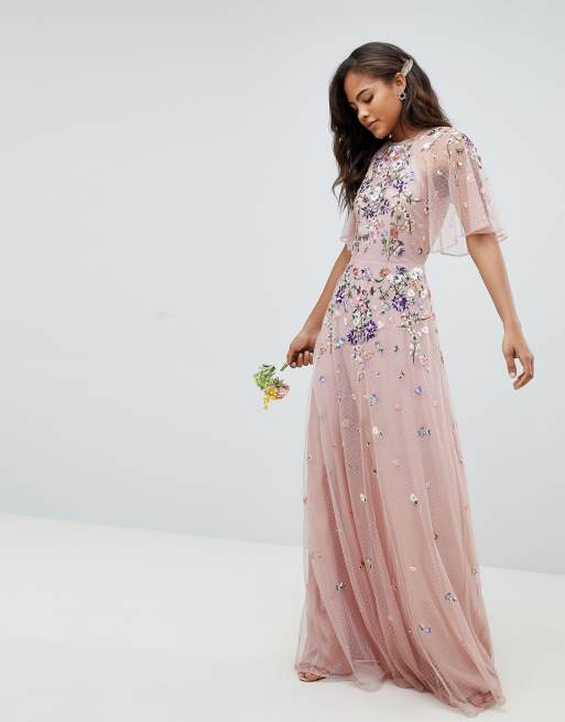 Asos design tall floral embroidered 2025 dobby mesh flutter sleeve maxi dress