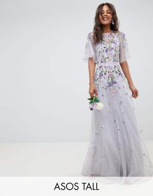 asos design tall floral embroidered dobby mesh flutter sleeve maxi dress