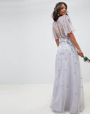 asos design tall floral embroidered dobby mesh flutter sleeve maxi dress