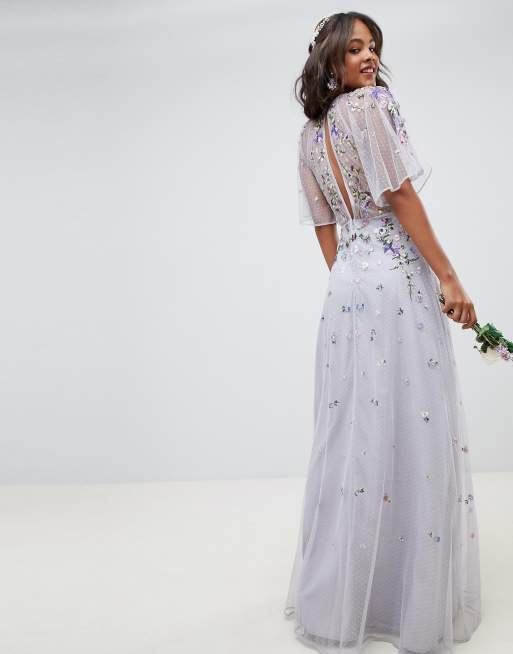 Asos edition wedding floral embroidered store dobby mesh flutter sleeve maxi dress