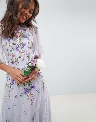 asos design tall floral embroidered dobby mesh flutter sleeve maxi dress