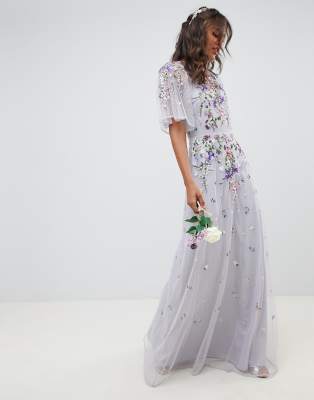 asos design tall floral embroidered dobby mesh flutter sleeve maxi dress