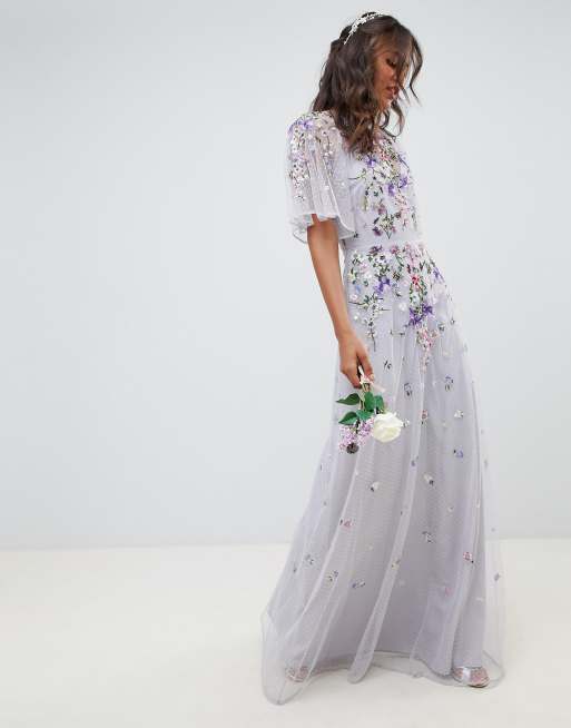 Asos edition wedding floral embroidered store dobby mesh flutter sleeve maxi dress