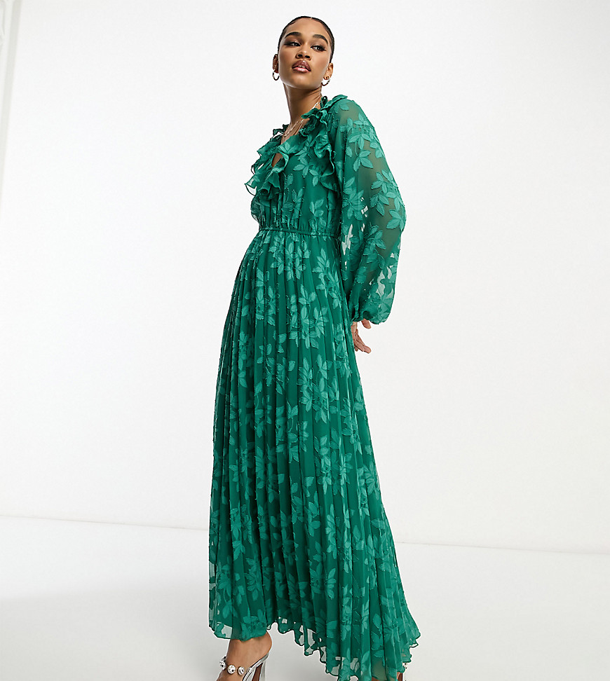 ASOS DESIGN Tall floral jacquard burnout pleated midi dress with ruffle neck and open back in dark green