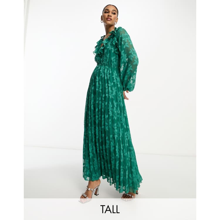 ASOS Design Floral Appliqué Fringe Midi Dress in Medium Green