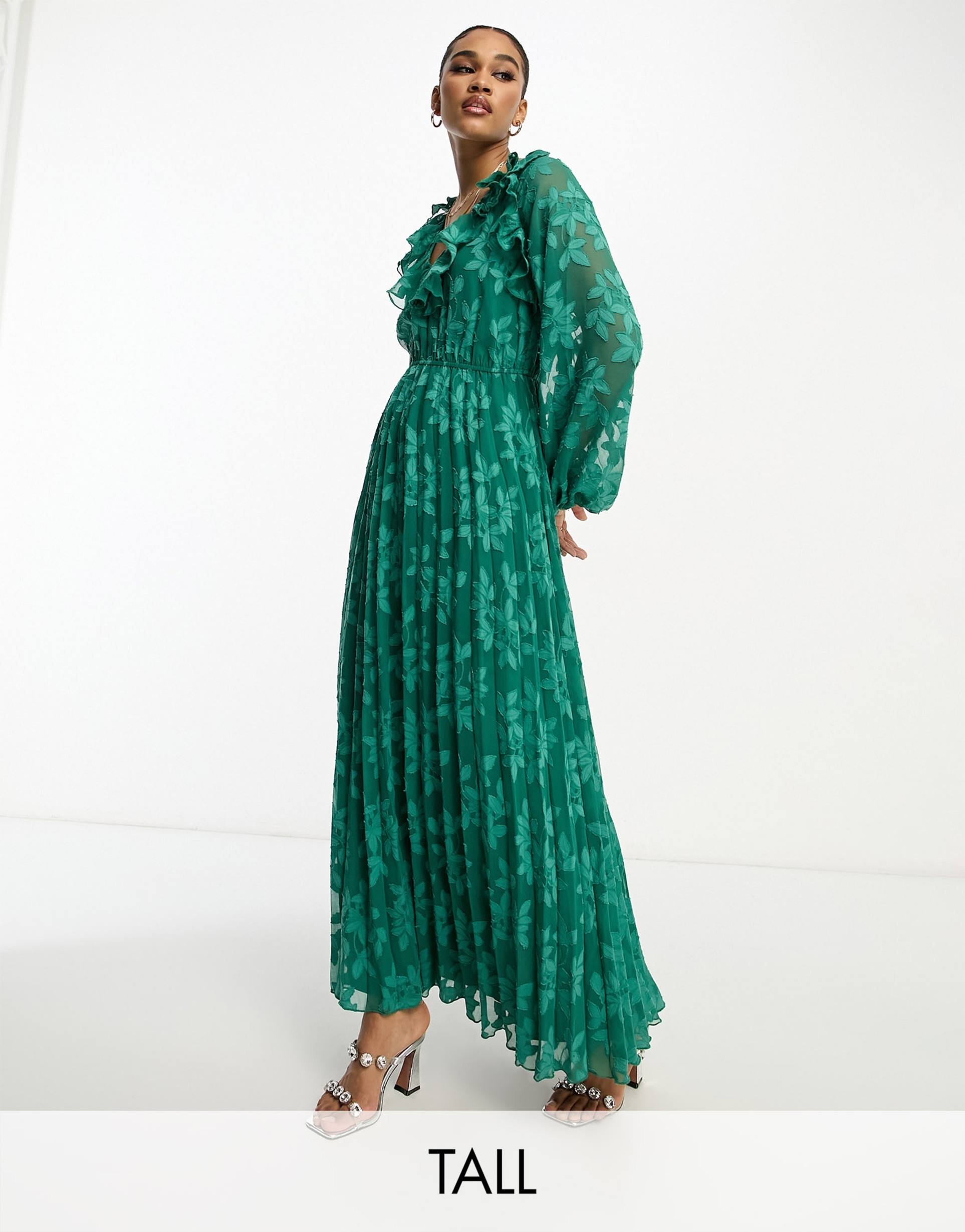 asos design tall floral jacquard burnout pleated midi dress with ruffle neck and open back in dark green
