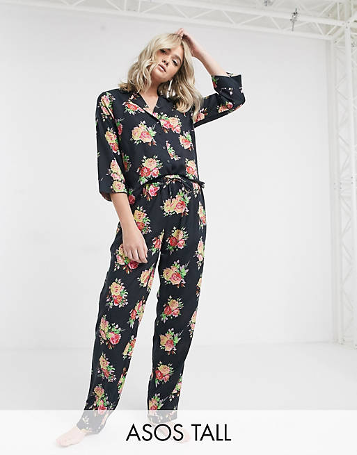 ASOS DESIGN Tall floral shirt & pant pyjama set in 100% modal