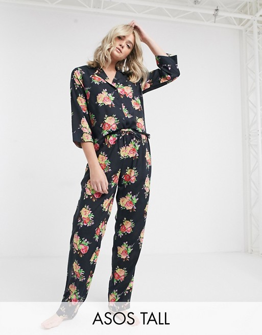 ASOS DESIGN Tall floral shirt & trouser pyjama set in 100% modal