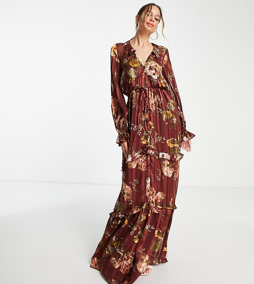 ASOS DESIGN Tall floral tiered maxi dress with tie front in satin stripe-Multi