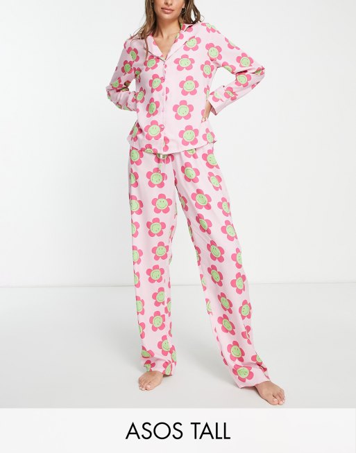 ASOS DESIGN Tall flower long sleeve shirt & trouser pyjama set in pink