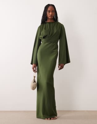 ASOS DESIGN Tall fluted sleeves draped dress in khaki green