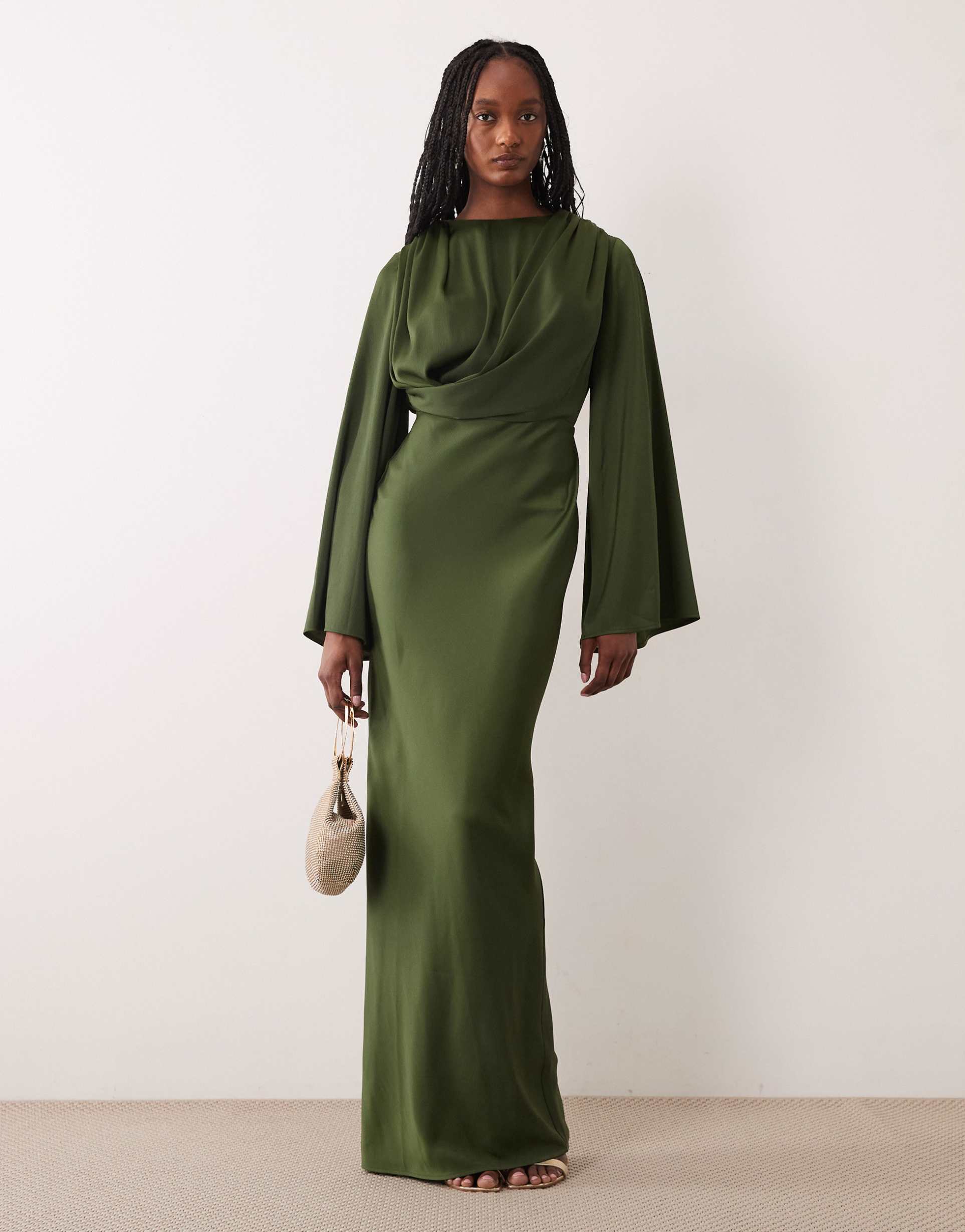 asos design tall fluted sleeves draped dress in khaki green